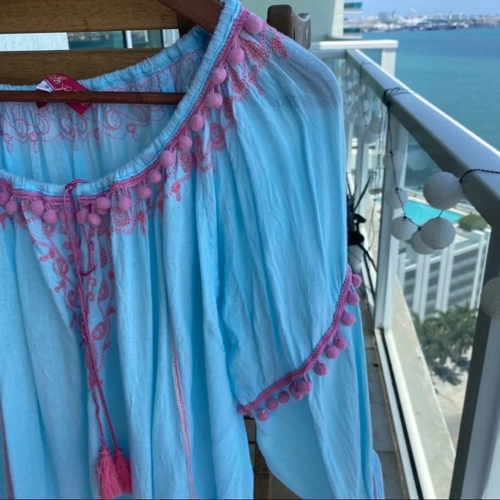 Dress tunic‎ beach dress L embroidered tassels hippie Blue beachwear turquoise - Picture 3 of 3